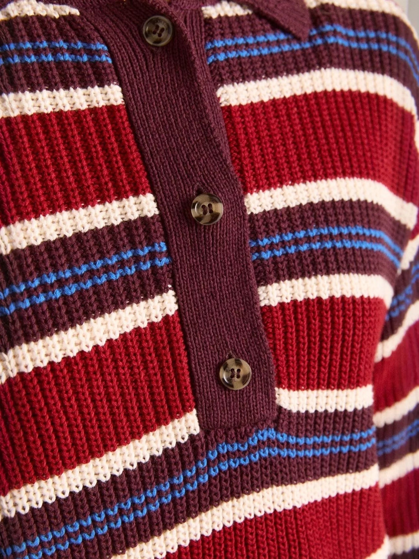 Striped Button Detail Polo Collar Sweater