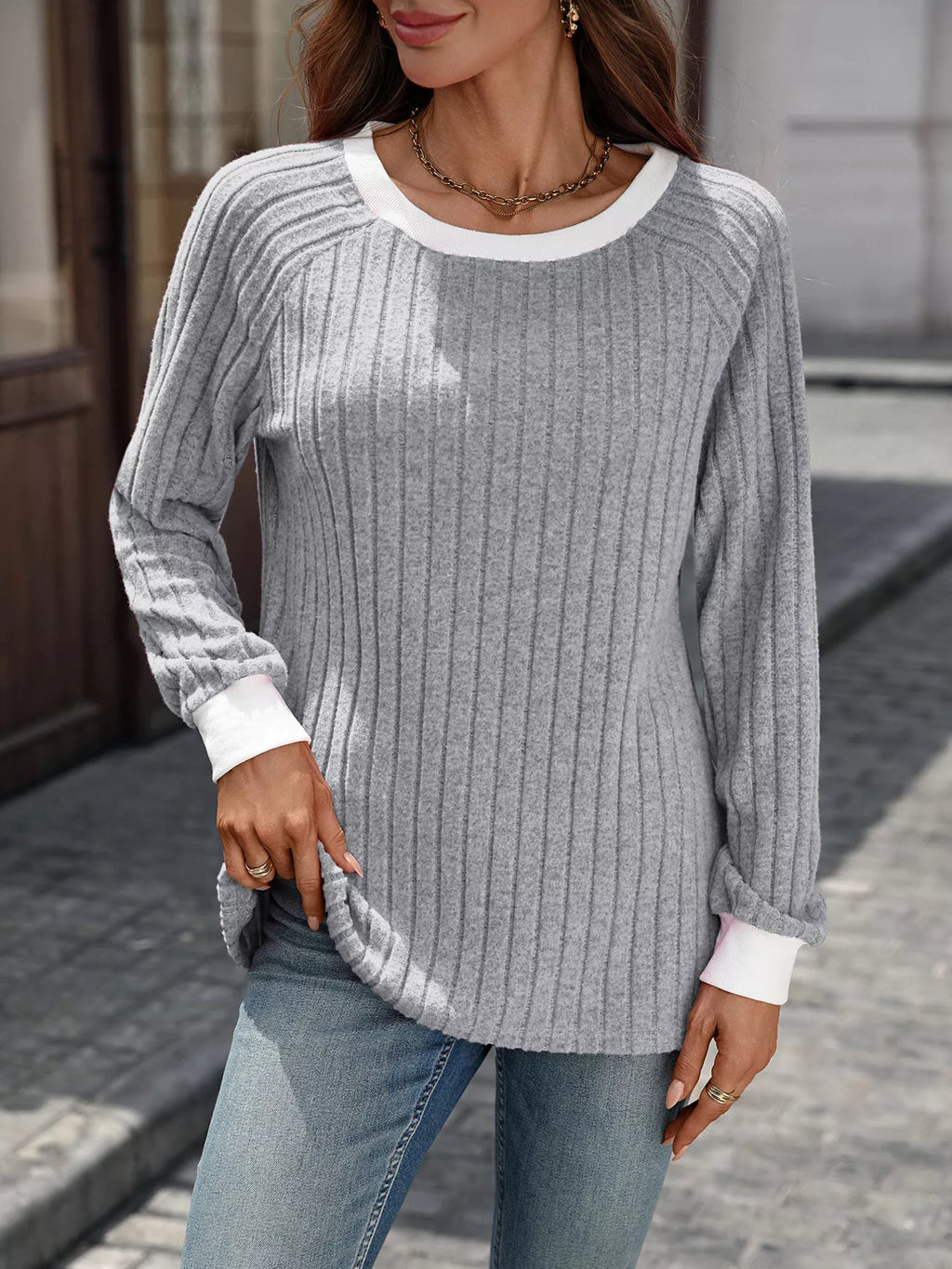 Ribbed Round Neck Raglan Sleeve Knit Top