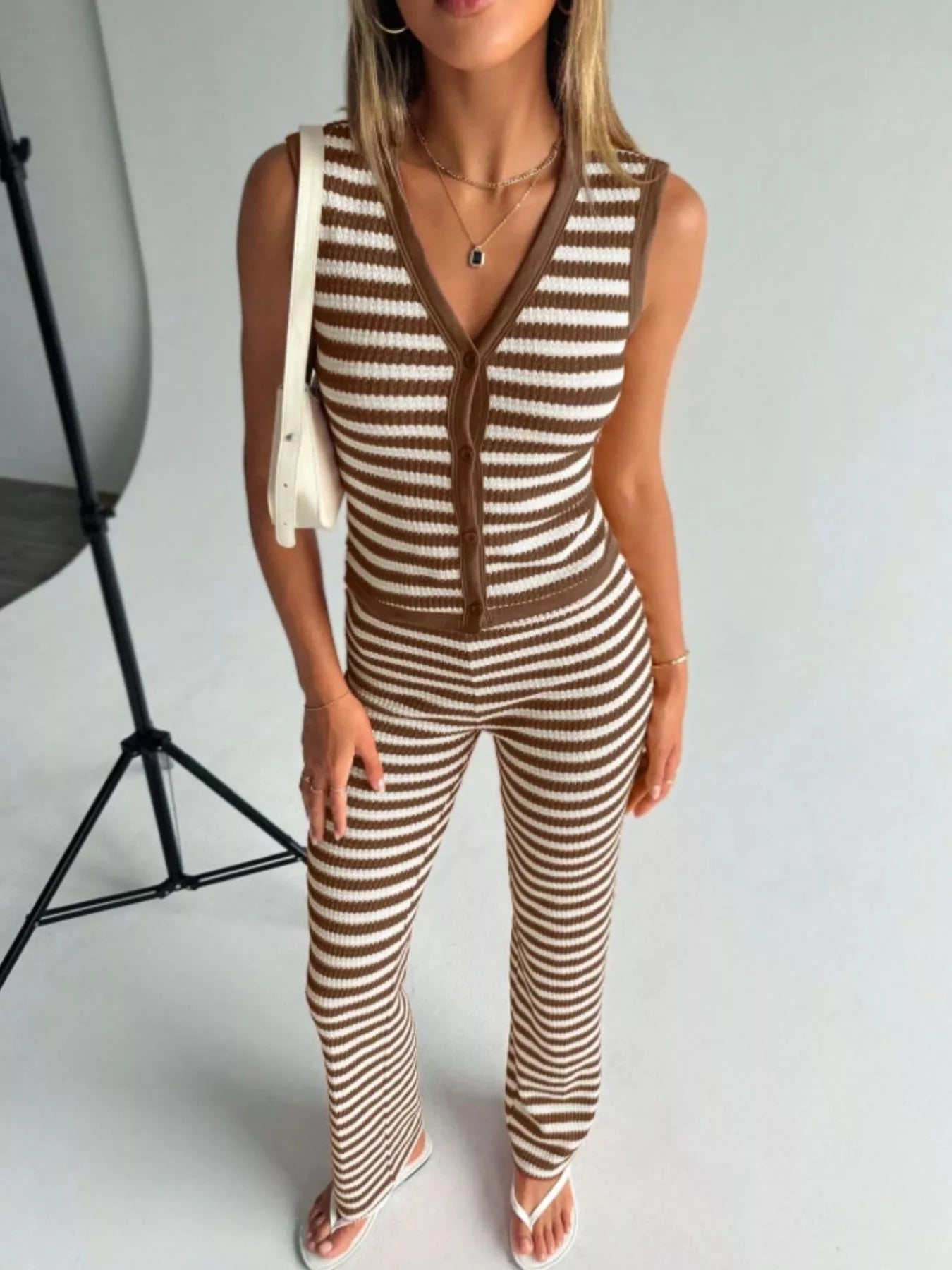 Striped Knit V-Neck Button-Up Sleeveless Top and Flare Pants Set