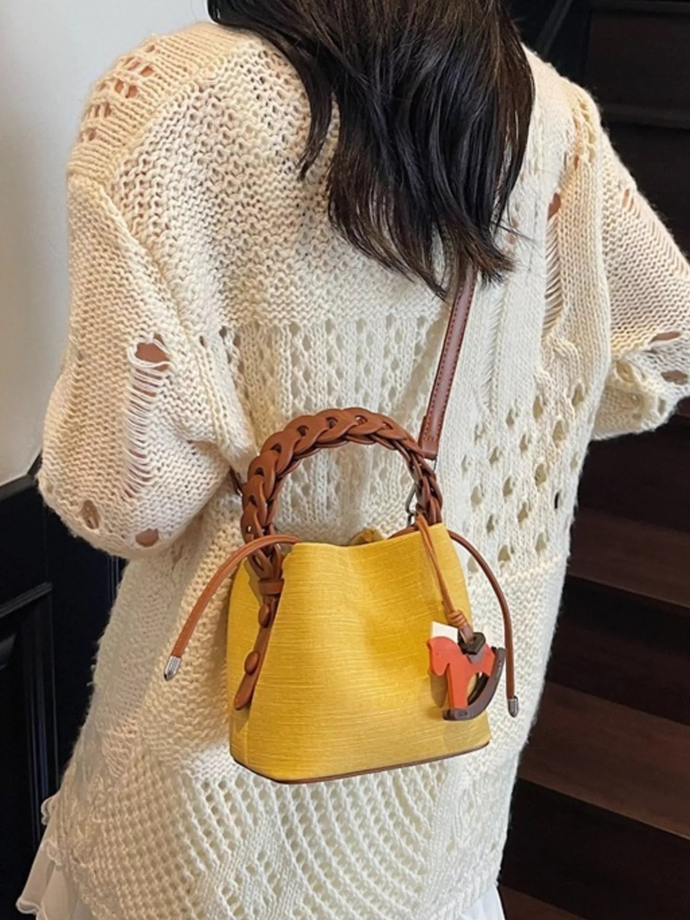 Braided Top Handle Bucket Crossbody Bag
