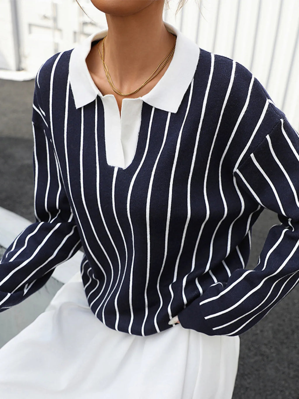 Stripe Contrast Collar Long Sleeve Knit Top