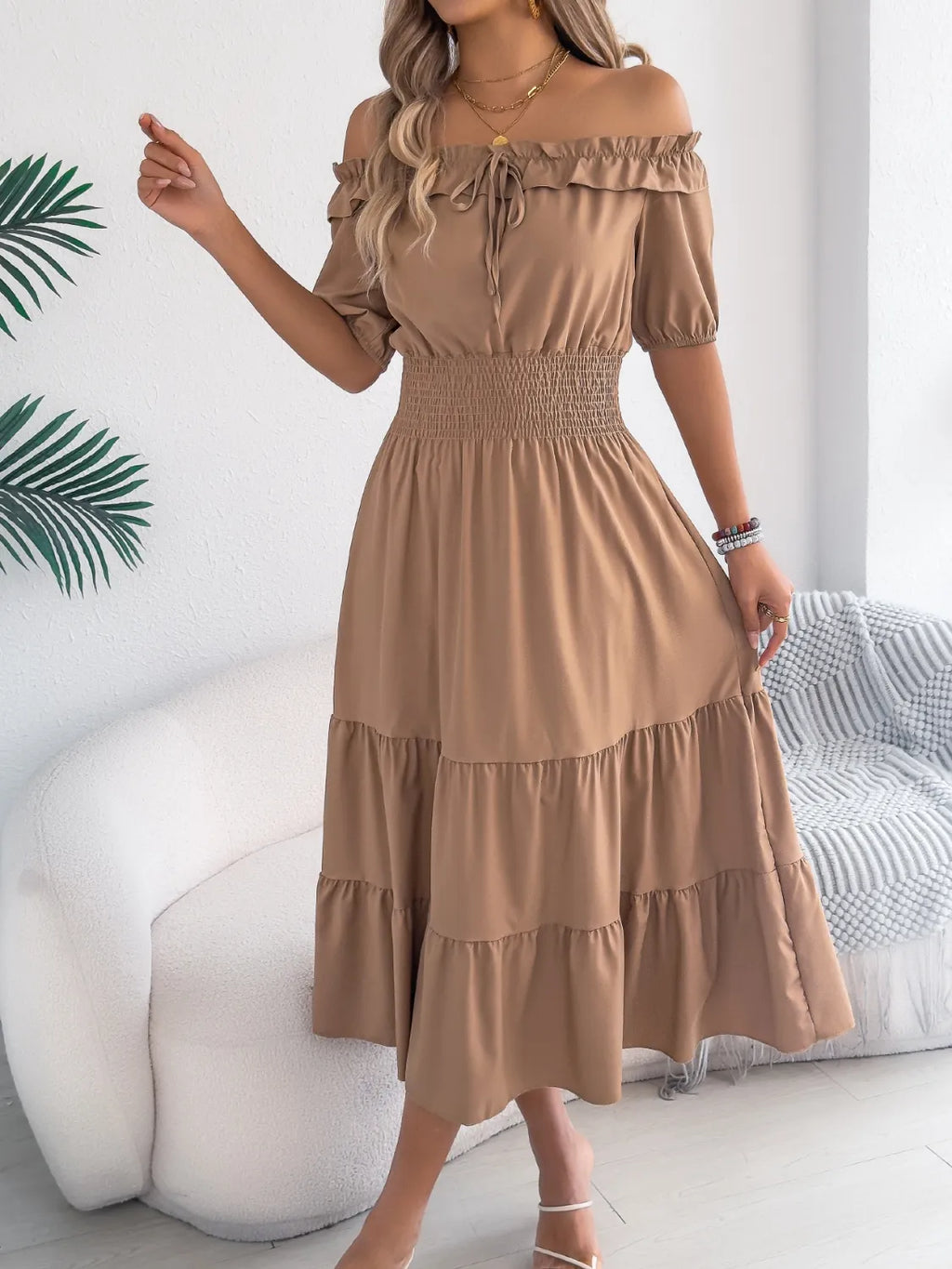 Smocked Off-Shoulder Tiered Dress