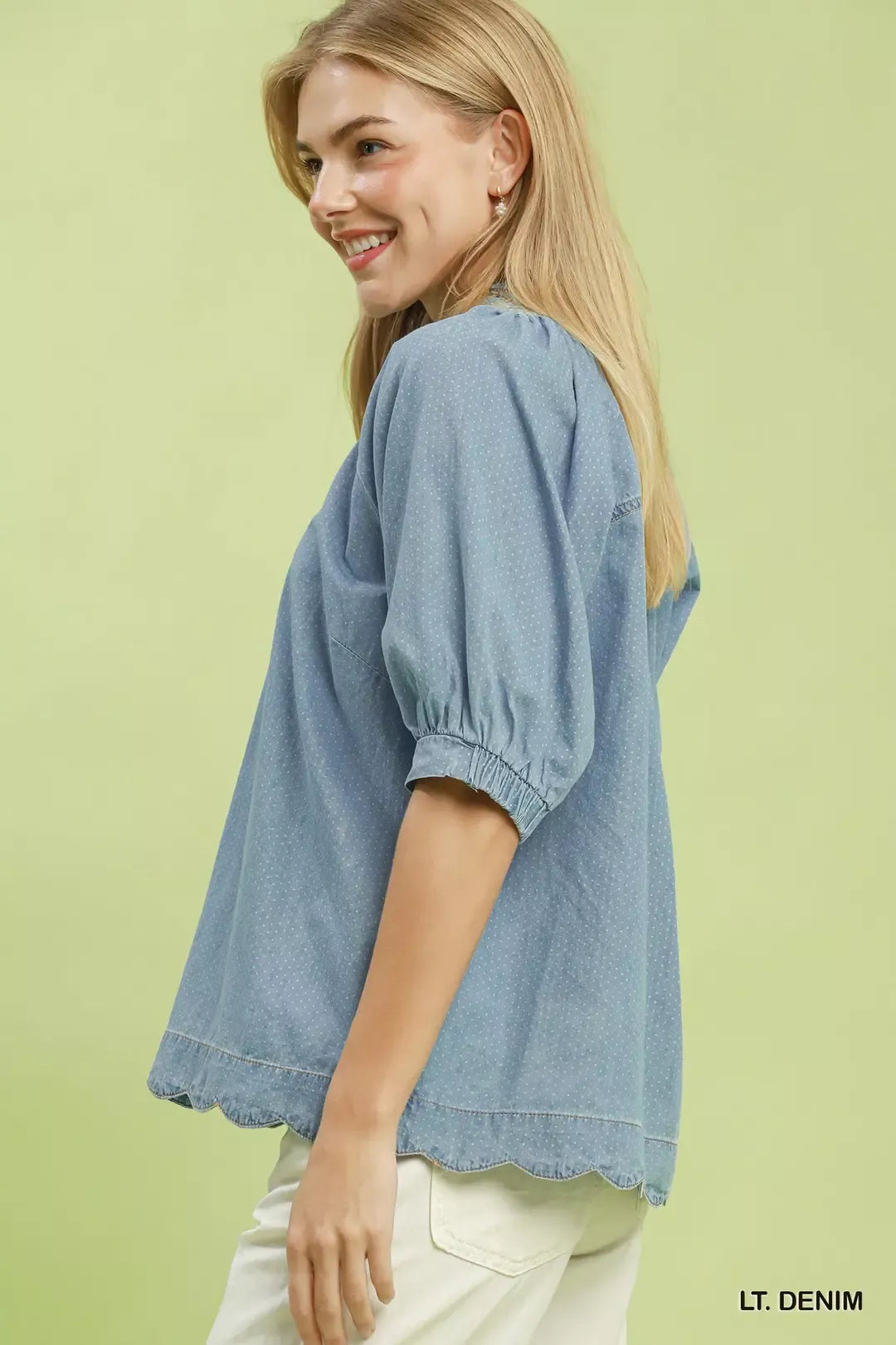 Umgee Textured Puff Sleeve Scallop Hem Blouse