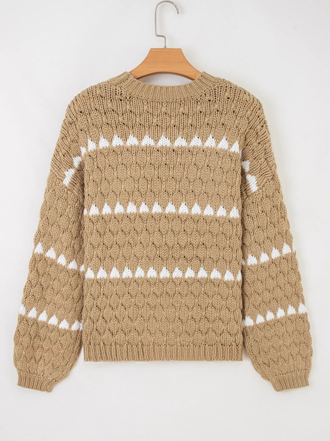 Contrast Detail Textured Knit Puff Sleeve Baggy Sweater