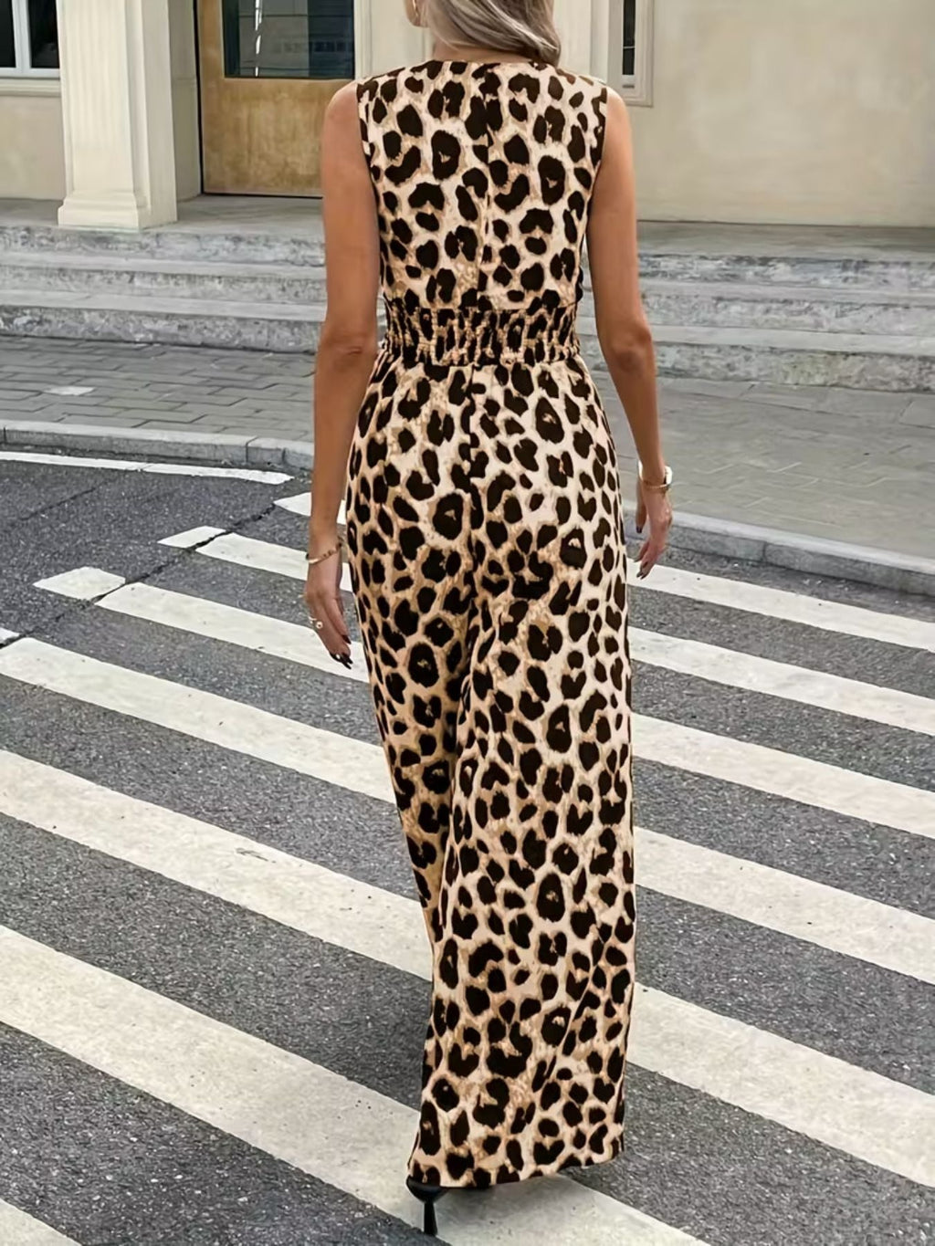 Sleeveless V-Neck Leopard Print Wide Leg Jumpsuit