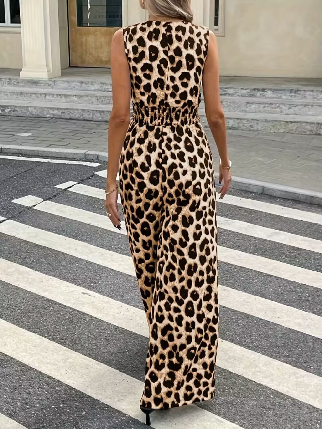 Sleeveless V-Neck Leopard Print Wide Leg Jumpsuit