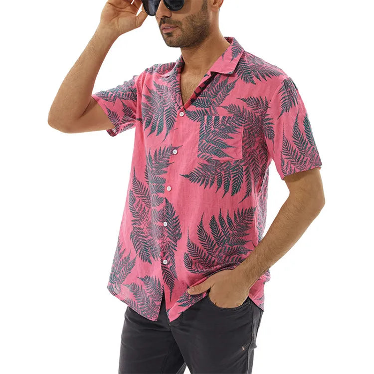 Men's Full Size Leaf Print Short Sleeve Shirt Plus Size