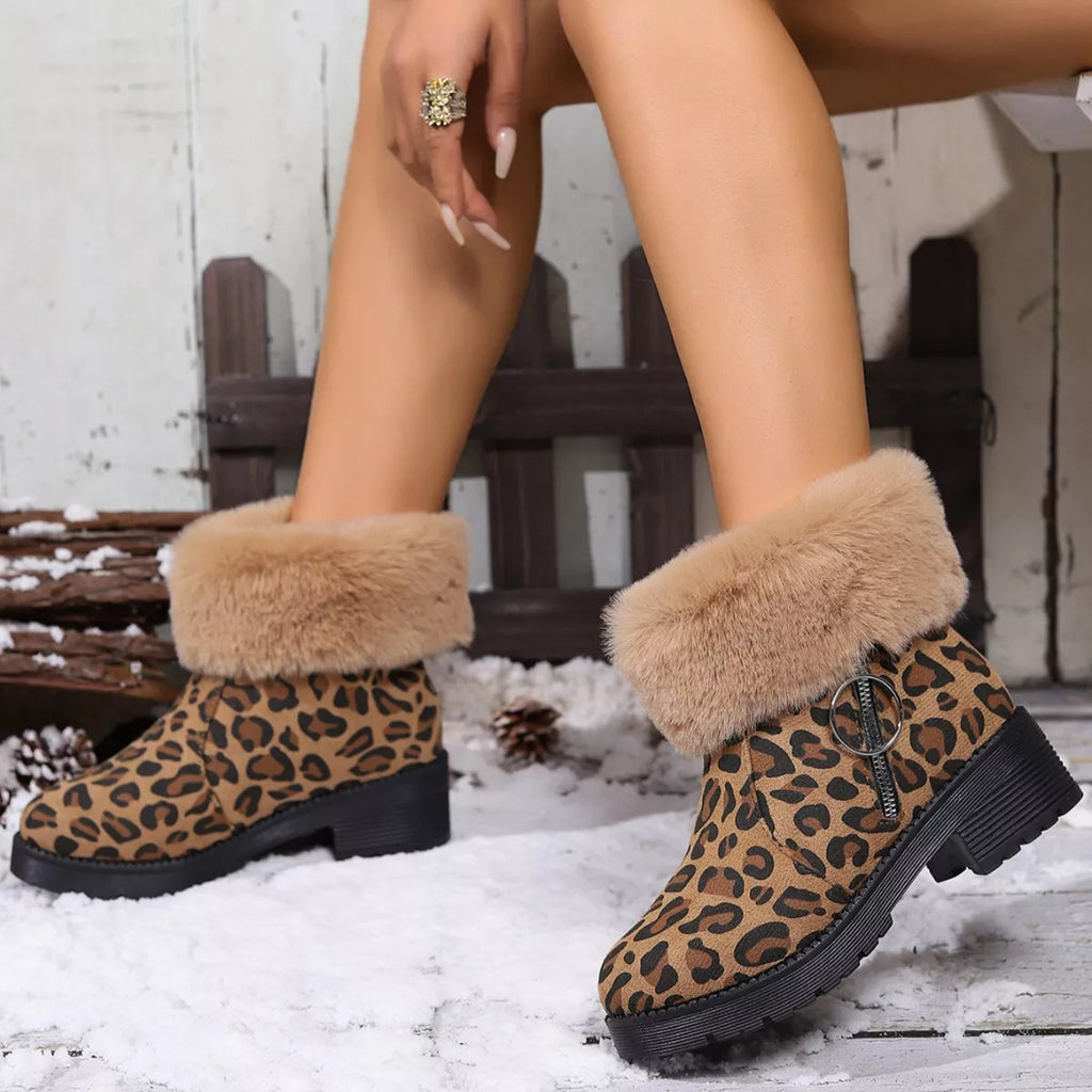 Fuzzy Cuff Leopard Print Ankle Boots
