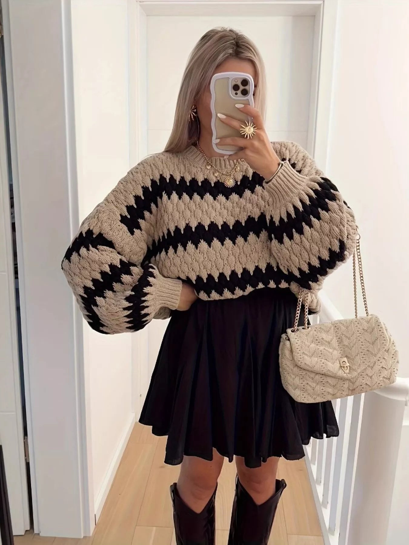 Textured Striped Round Neck Sweater