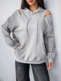 Drawstring Zip Detail Cold Shoulder Hoodie