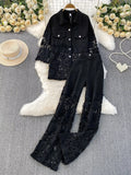 Lace Patchwork Shacket and Pants Set