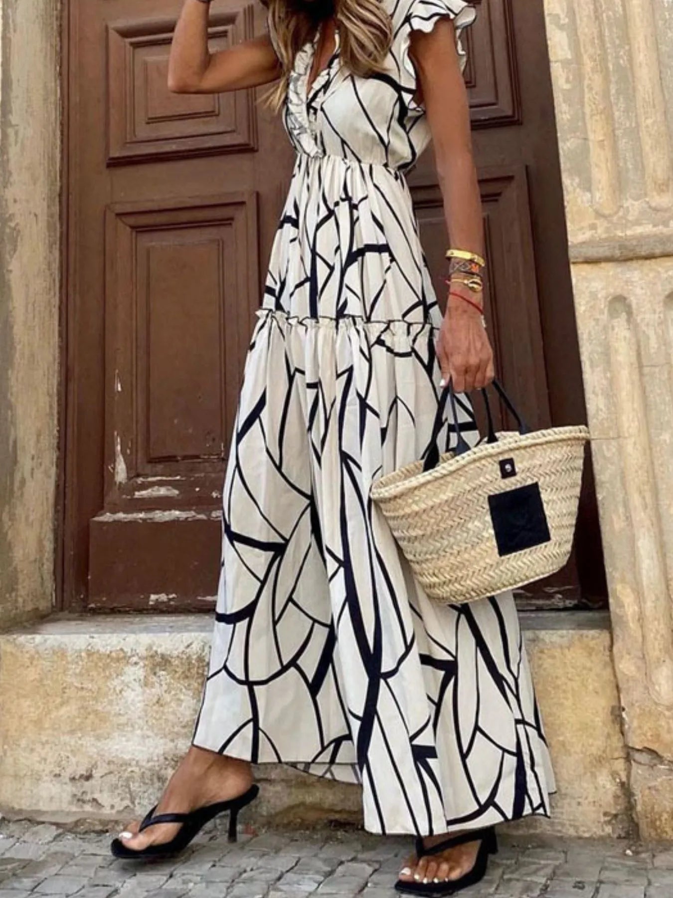Abstract Print Ruffle Sleeve V-Neck Midi Dress