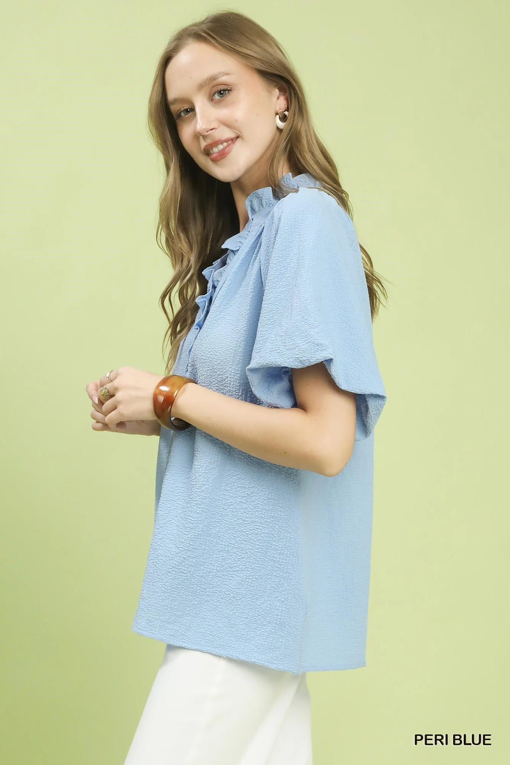 Umgee Puff Sleeve Ruffle Neck Tunic Blouse