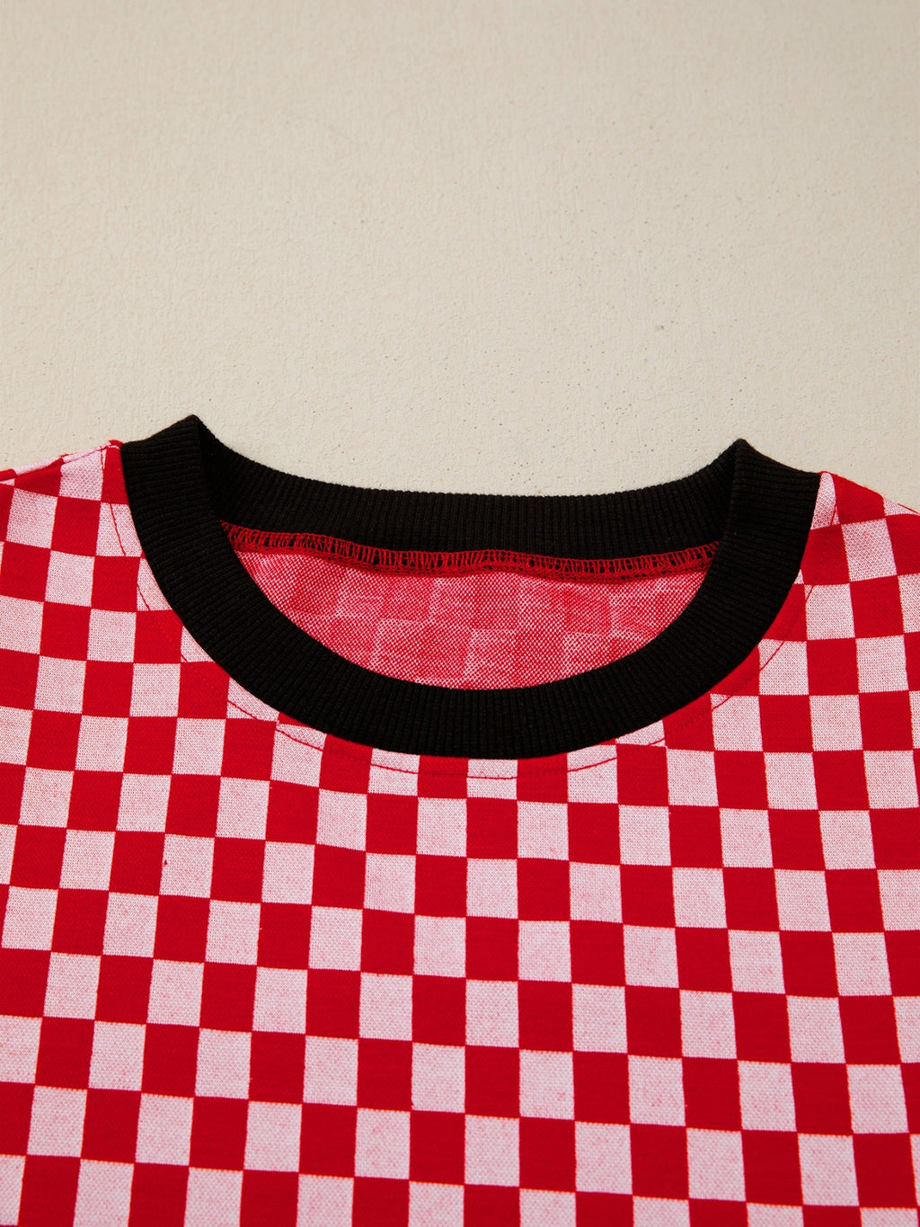 Checkered Print Ruffle Cap Sleeve Contrast Trim Round Neck Top
