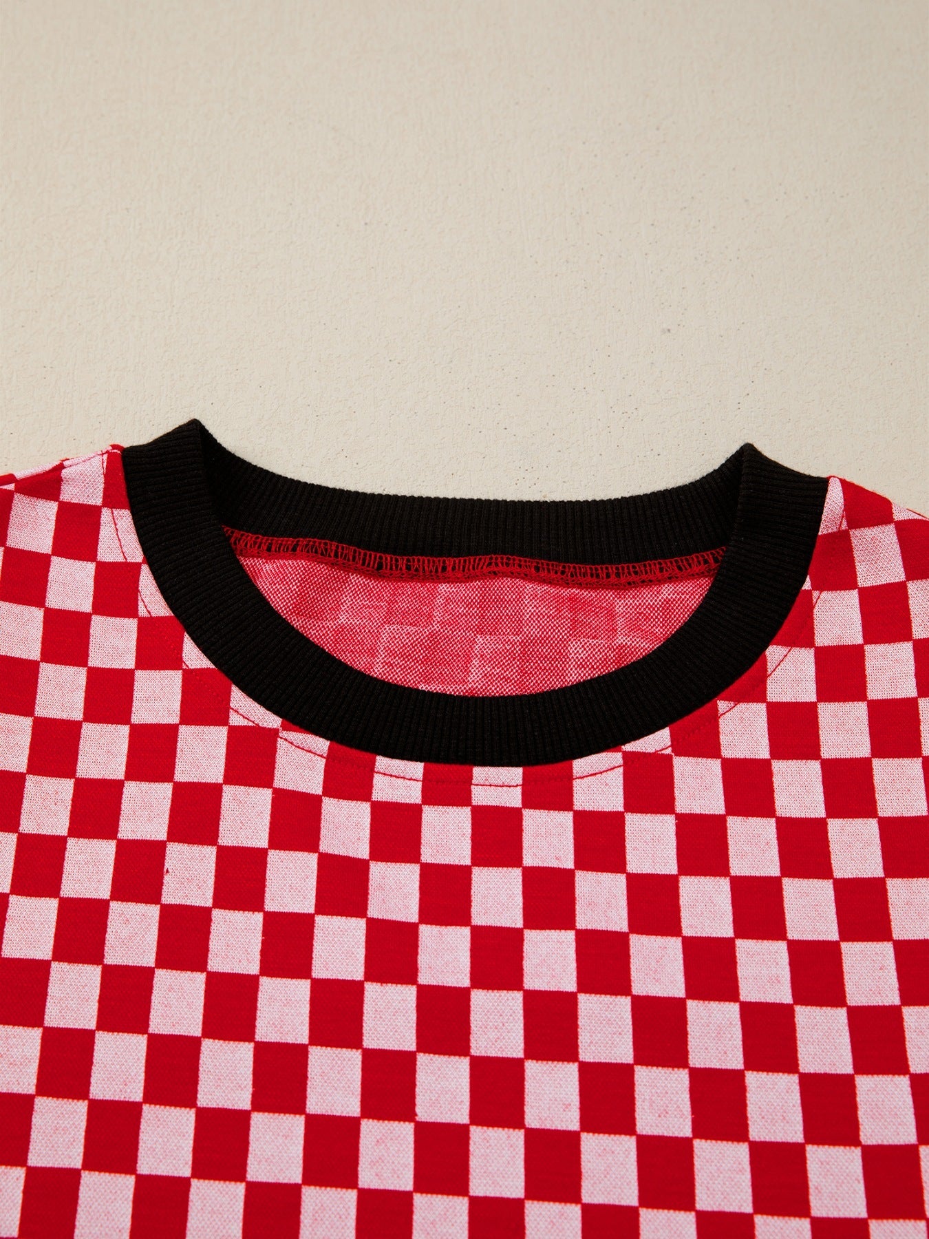 Checkered Print Ruffle Cap Sleeve Contrast Trim Round Neck Top