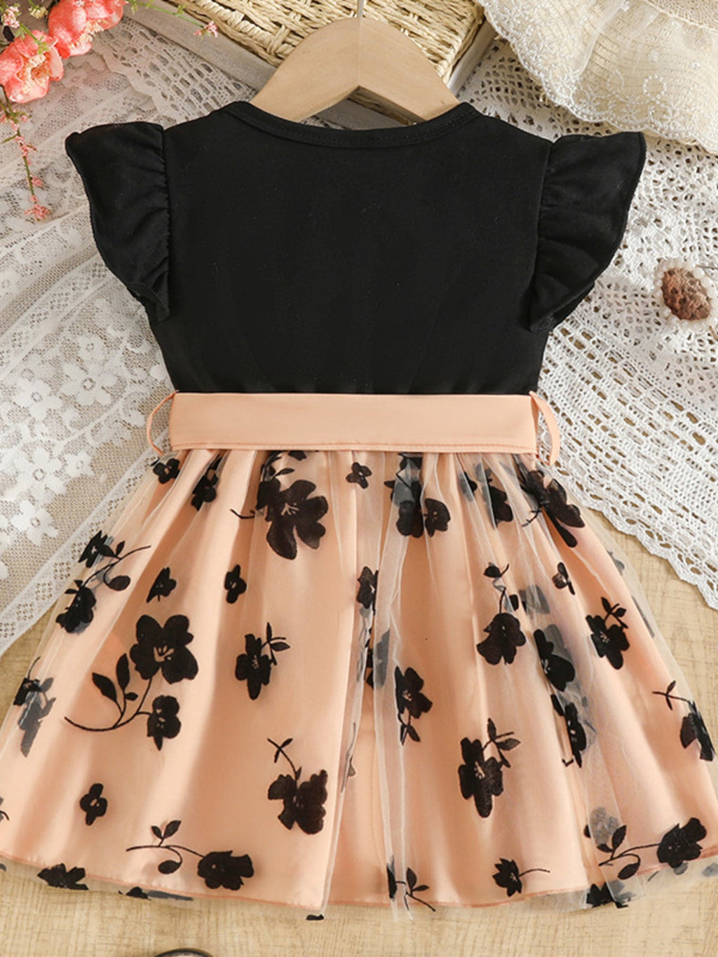 Children's Floral Print Mesh Bowknot Toddler Dress