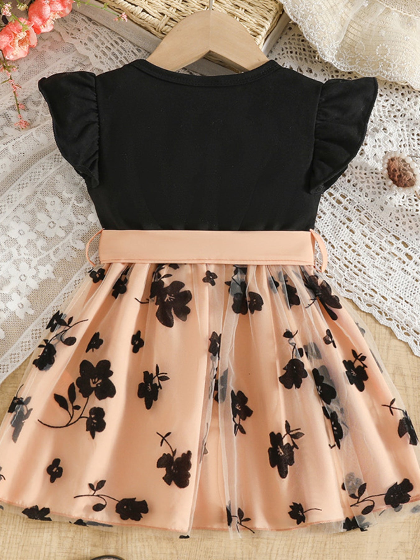 Children's Floral Print Mesh Bowknot Toddler Dress