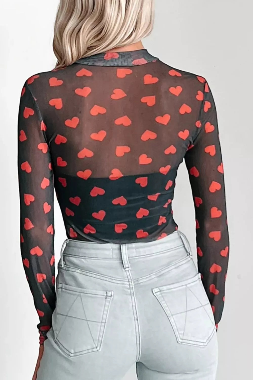 Valentines Heart Printed Sheer Mesh Long Sleeve Top