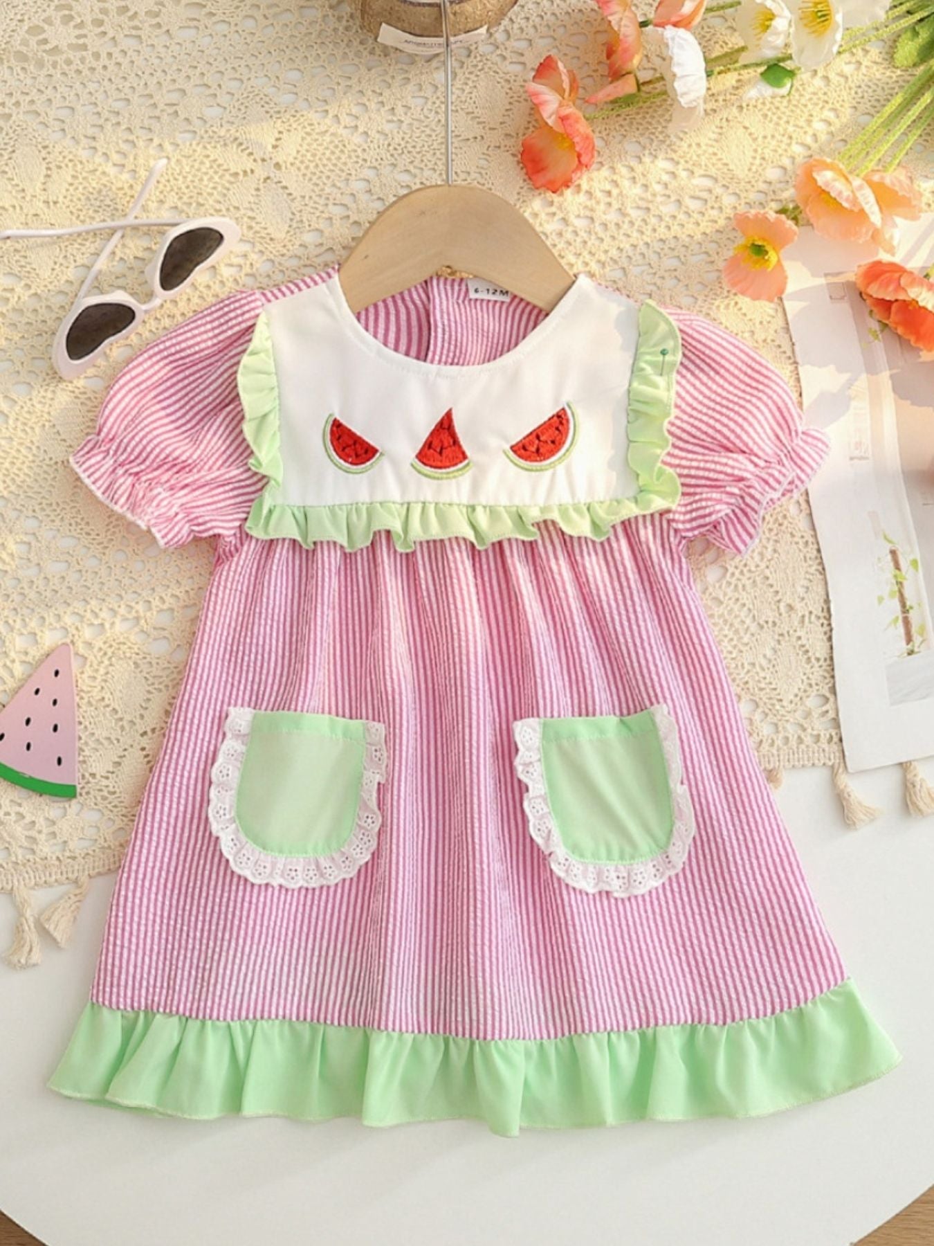 Children's Fruit Embroidered Striped Short Sleeve Dress