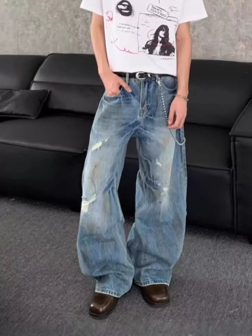 Men's Full Size Distressed Wide Leg Jeans Plus Size