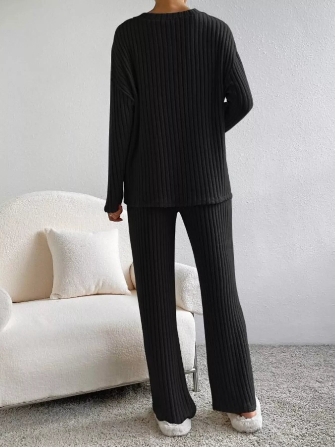Ribbed Knit V-Neck Top and Pants Set