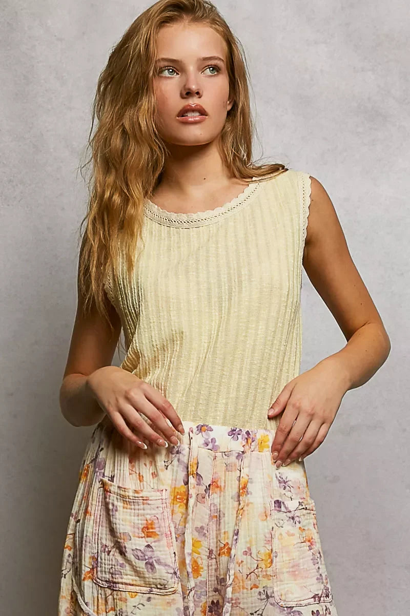 POL Ribbed Round Neck Tank with Lace Trim