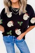 Christmas Holly Santa Claus Sequin Patched Graphic Tee