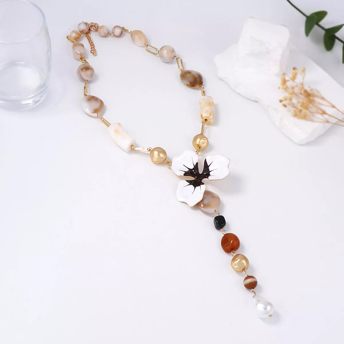Alloy Dripping Oil Flower Resin Y-Shaped Necklace