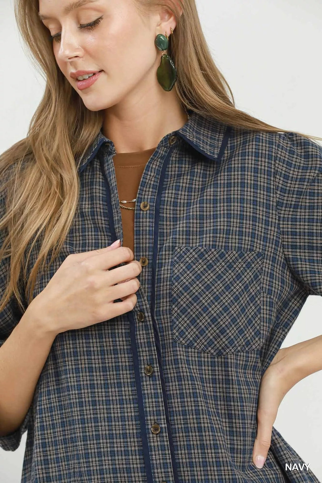 Umgee Plaid Button Down Oversized Shirt Dress