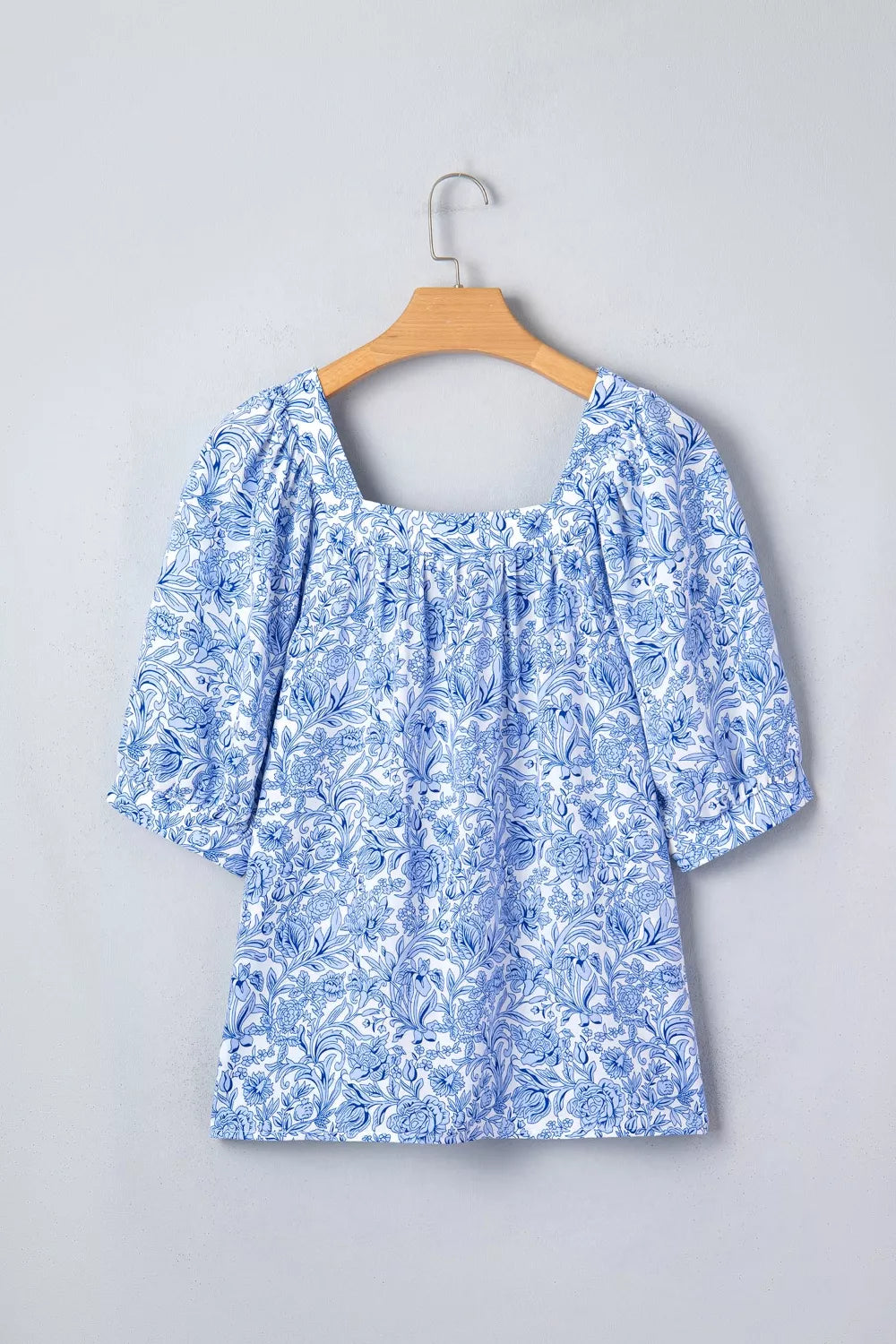 Square Neck Short Puff Sleeve Pleated Floral Blouse