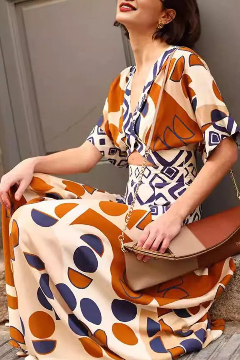 Geometric Print V-Neck Maxi Dress with Cutout Detail
