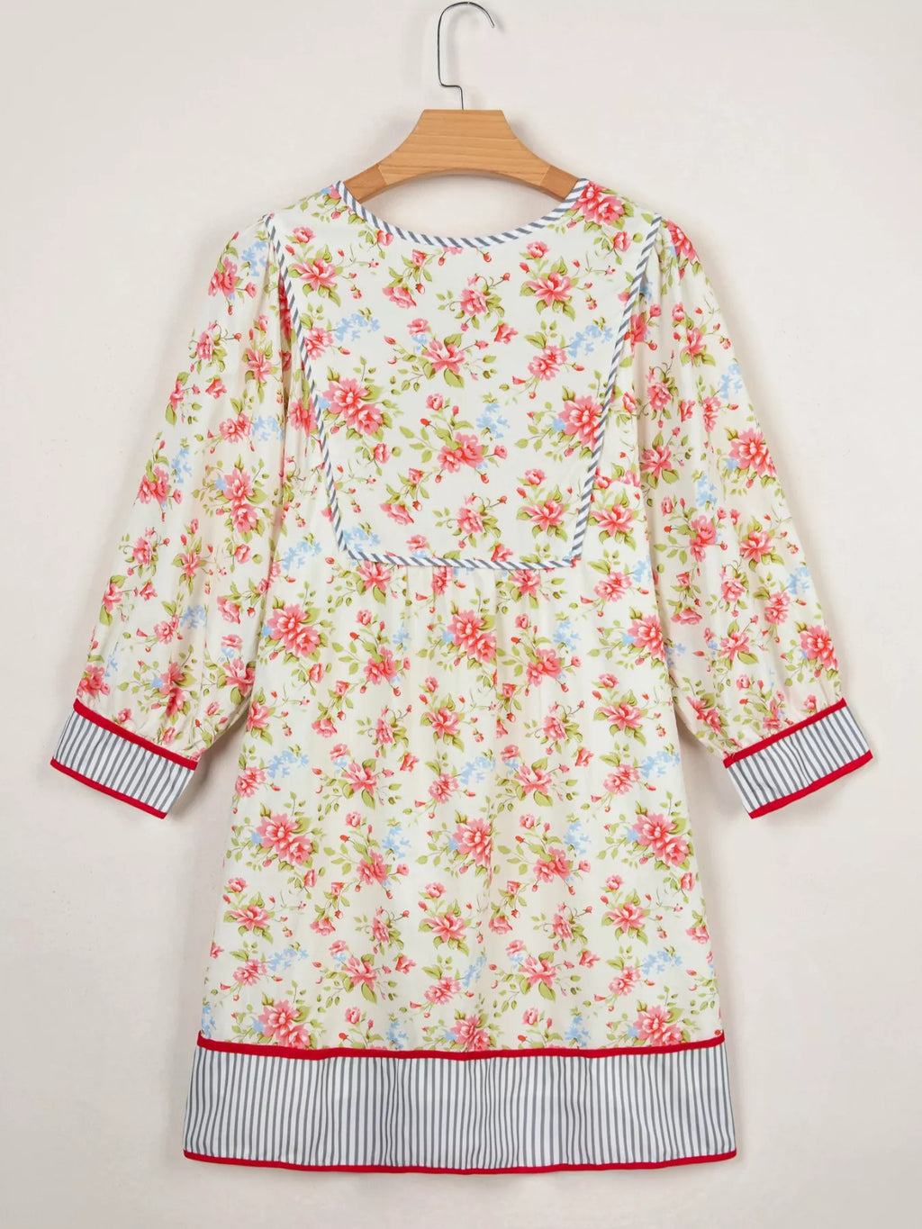 Striped Edge 3/4 Puff Sleeve Floral Dress