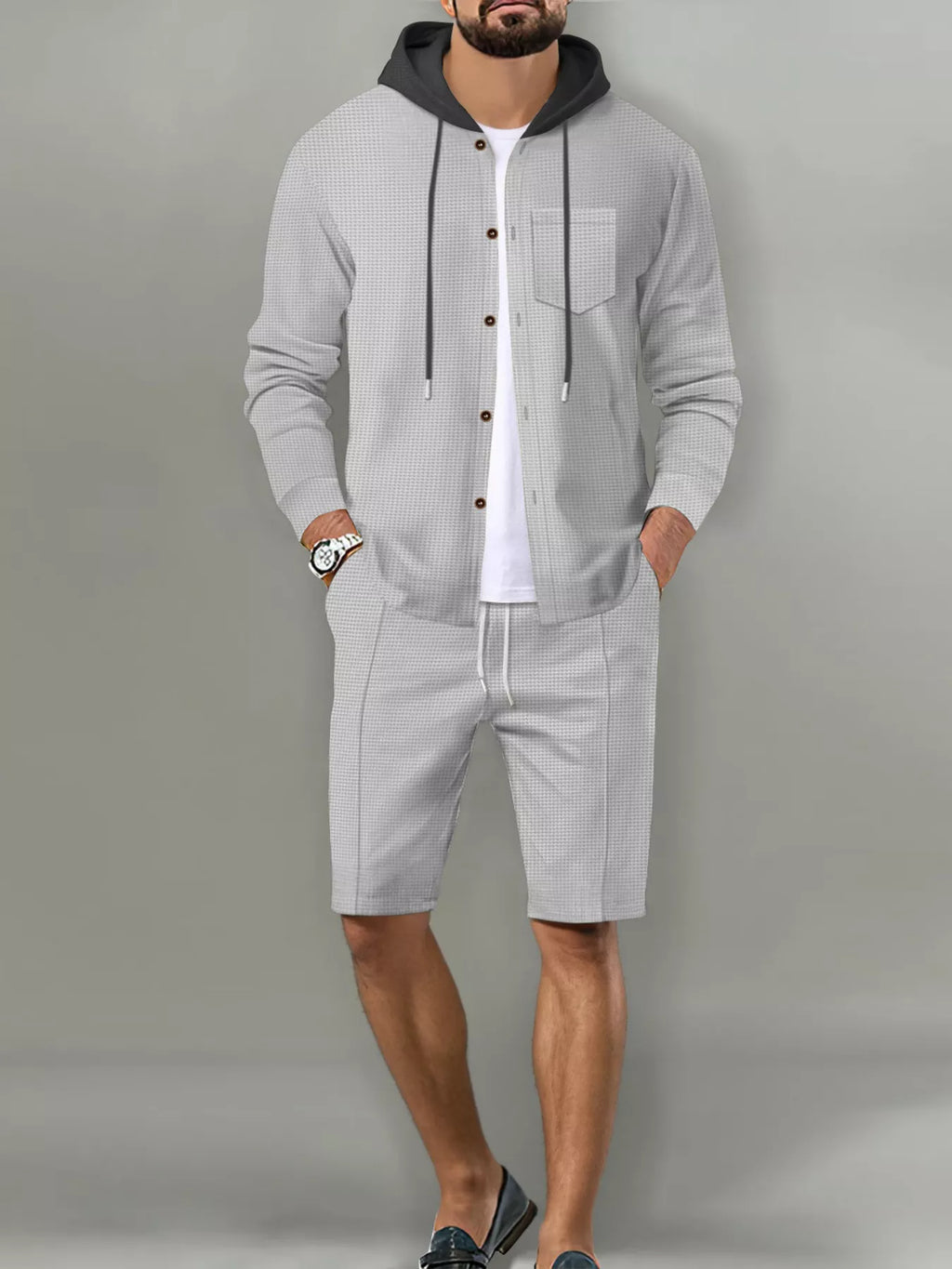 Men's Full Size Casual Hooded Button-Up Top and Shorts Set Plus Size