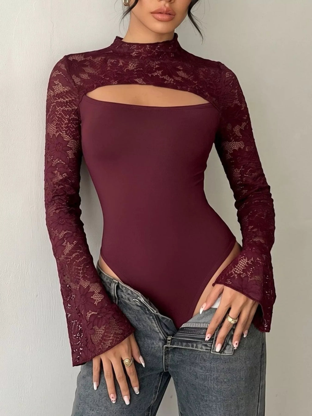 Lace Cut-out Flare Sleeve Bodysuit