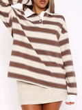 Striped Button Detail Long Sleeve Polo
