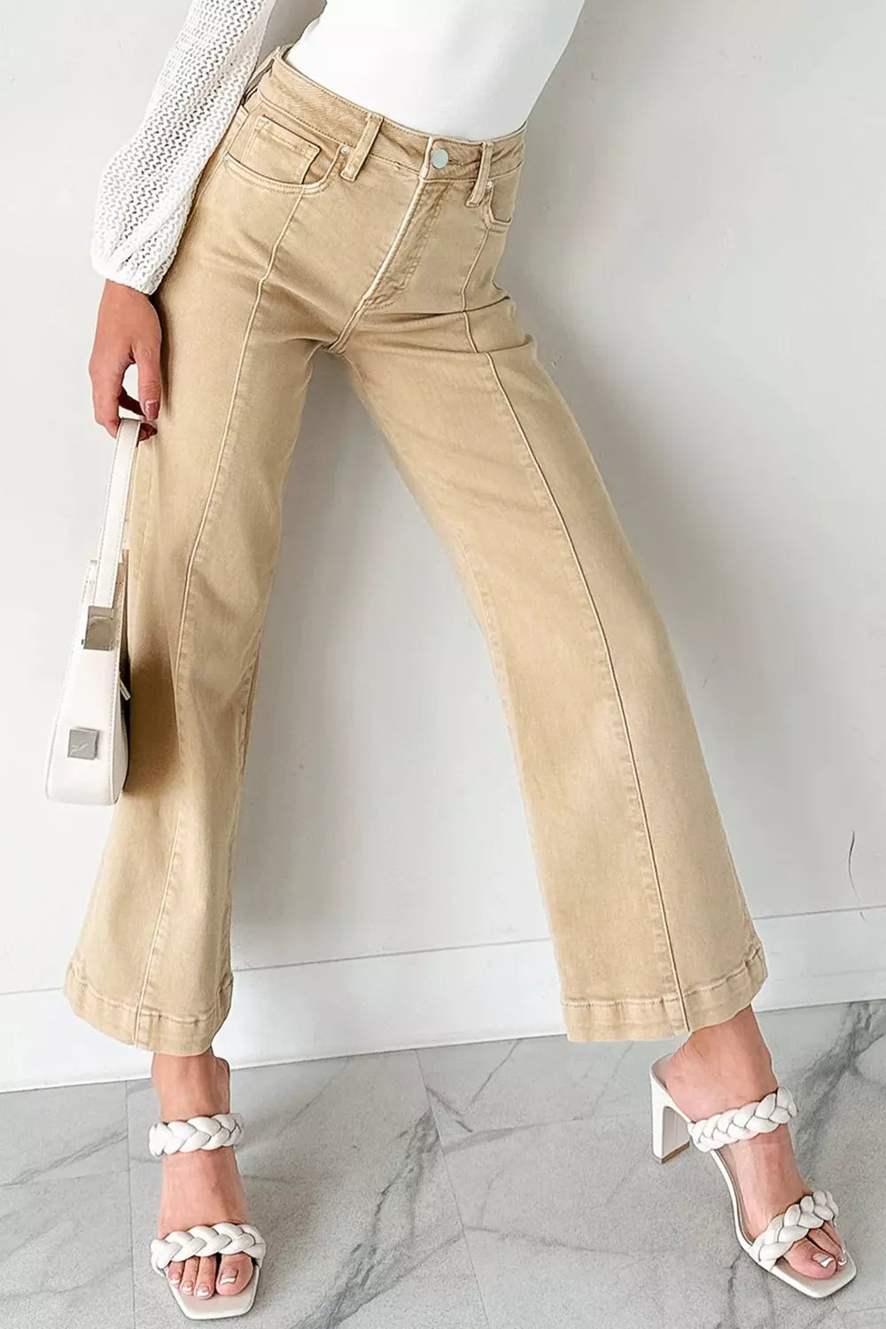 Solid Color Seamed Center Wide Leg Cropped Jeans