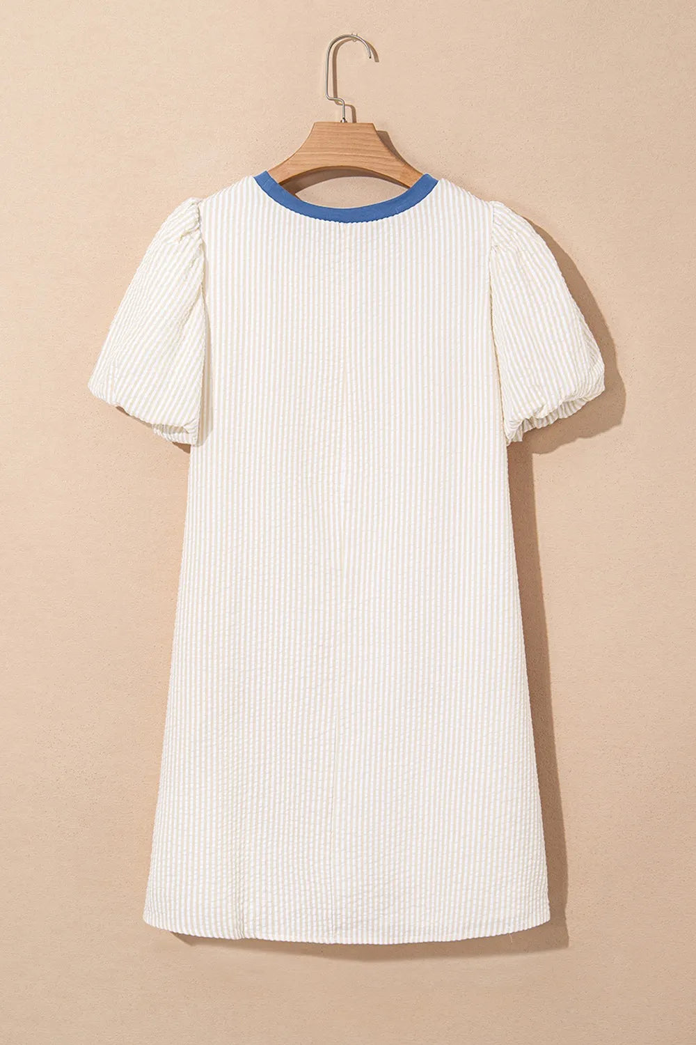 Stripe Seersucker Contrast Round Neck Puff Sleeve T Shirt Dress