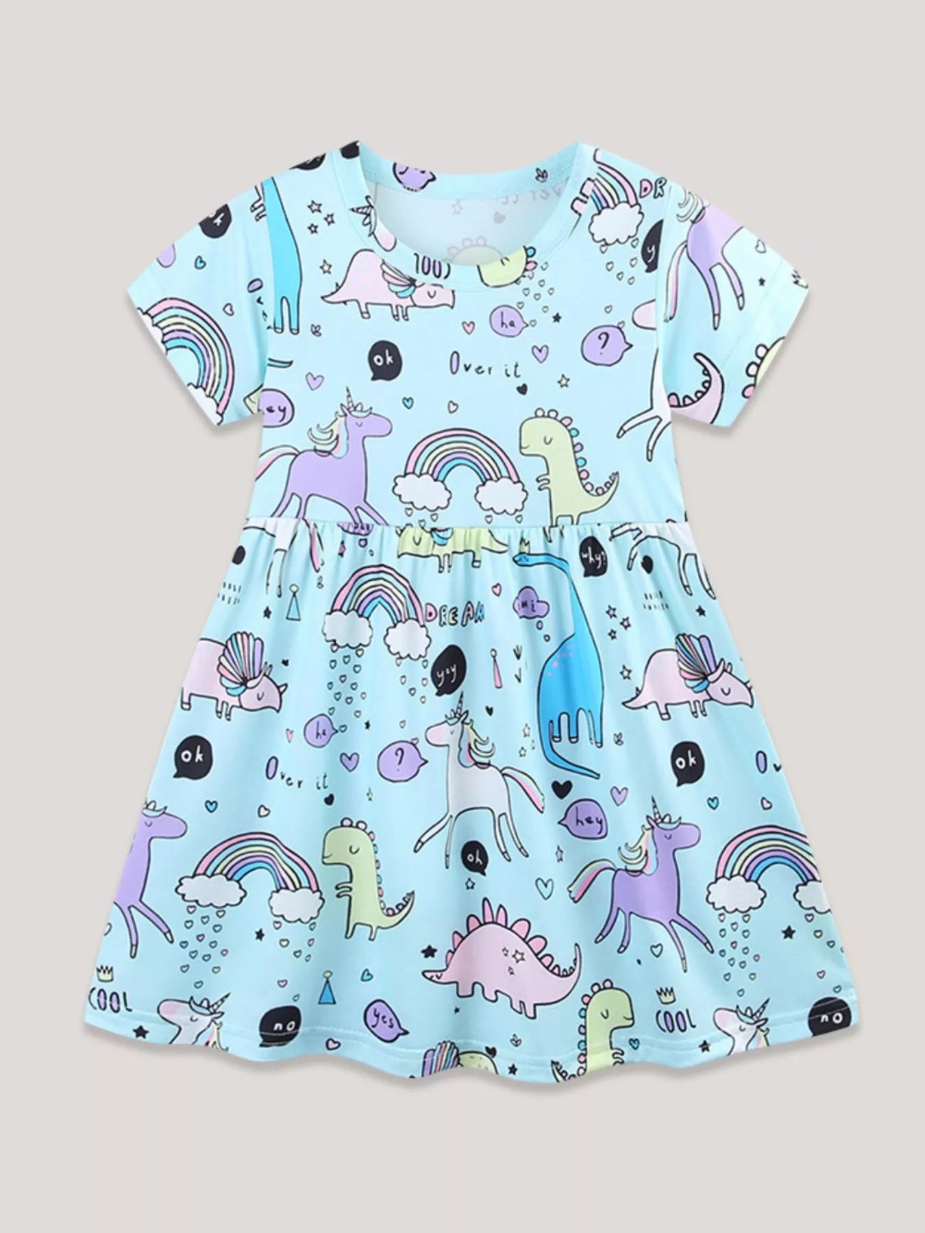 Children's Cute Cartoon Dinosaur & Unicorn Print Casual Dress
