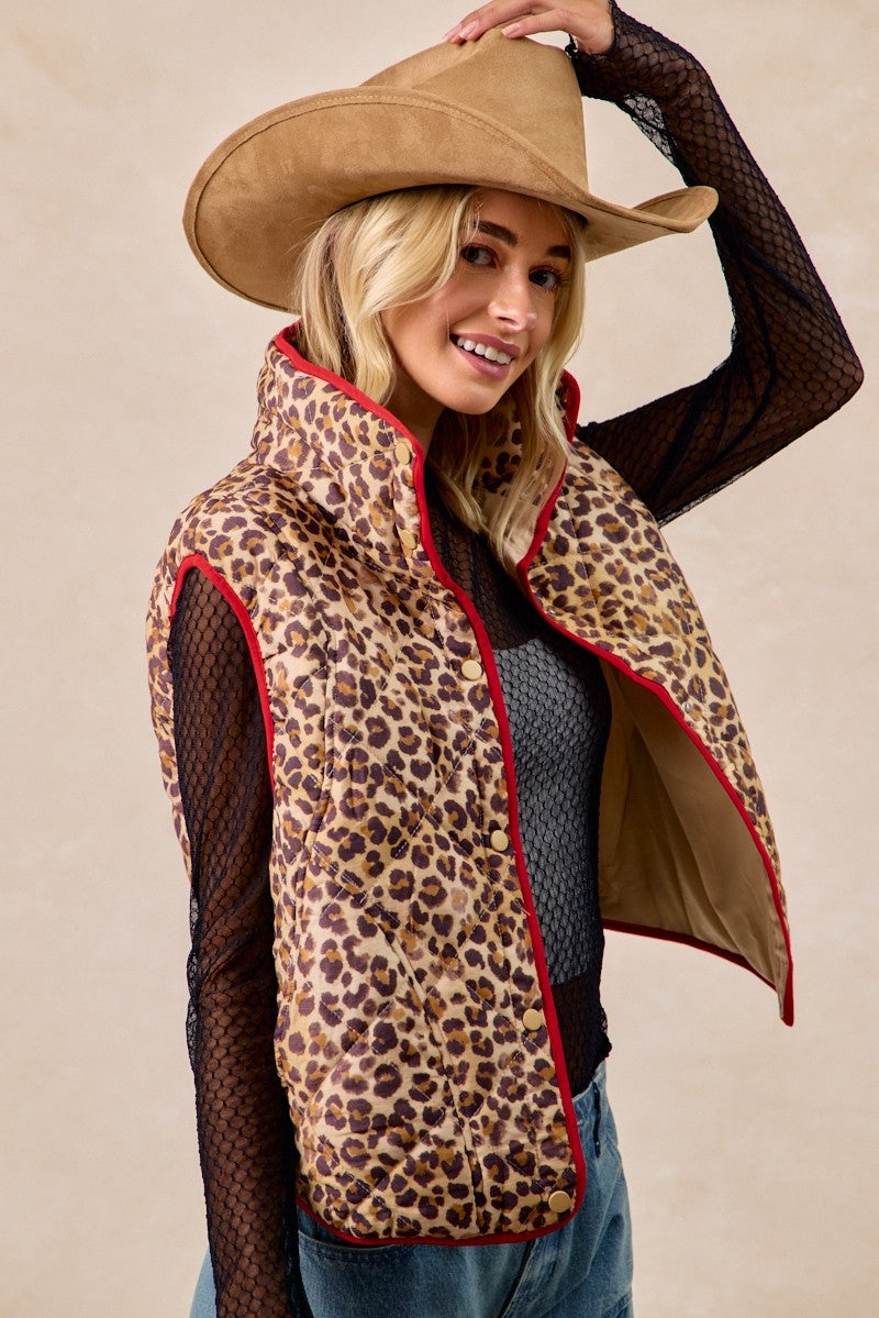 BiBi Leopard Print Piping Detail Quilted Vest