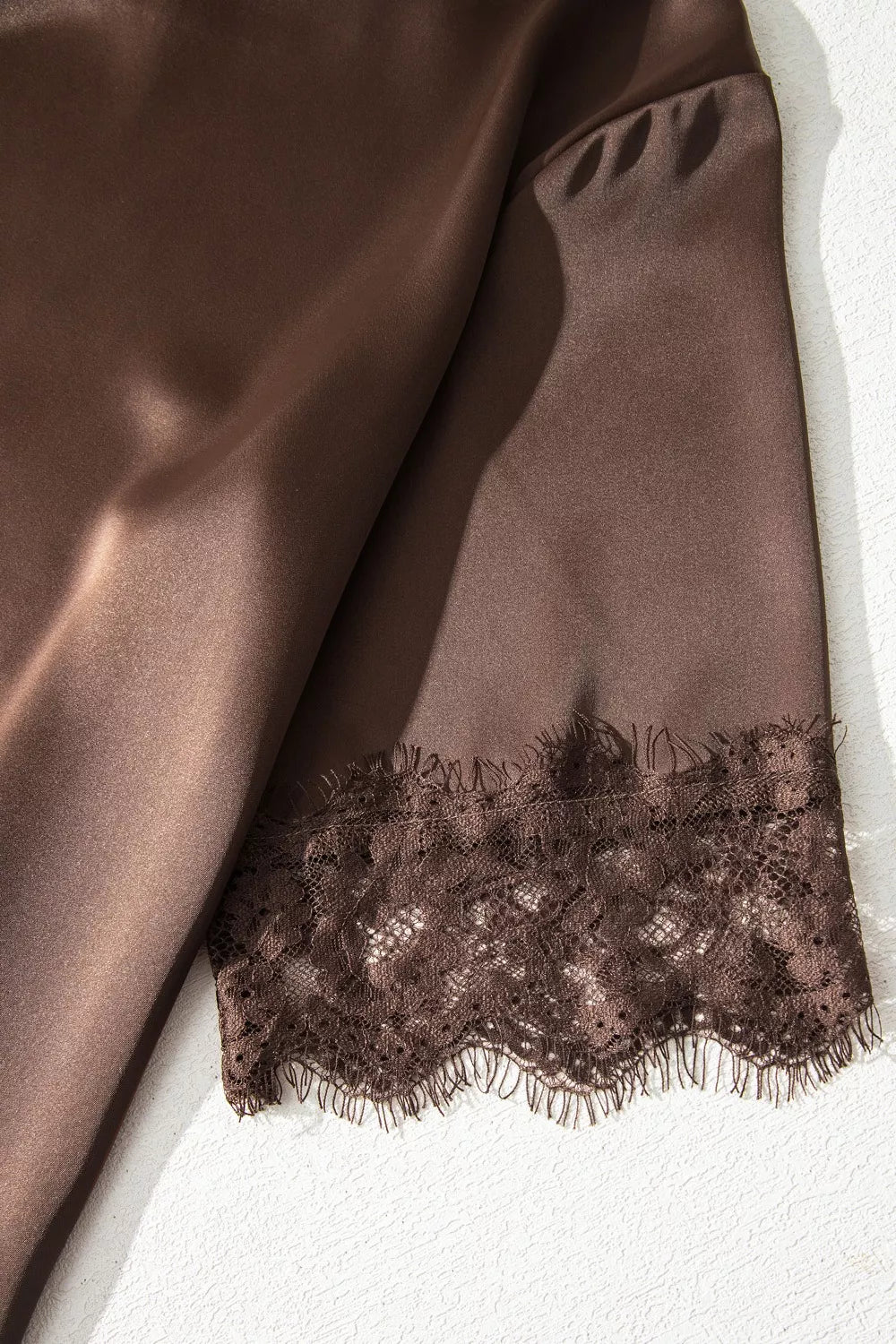 Asymmetric Lace Trim Short Sleeve Satin Top