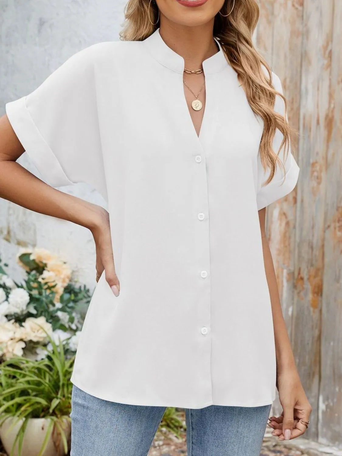 Notched Short Sleeve Blouse