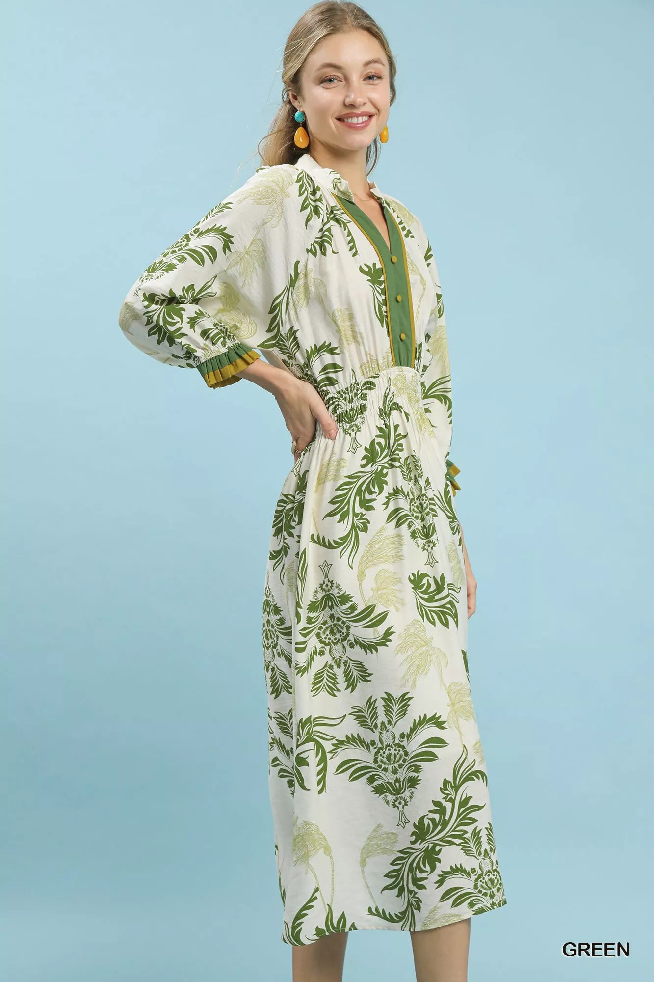 Umgee Tropical Print Button Detail Midi Dress