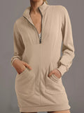 Zip Up Collared Ribbed Patchwork Sweatshirt Dress with Pockets
