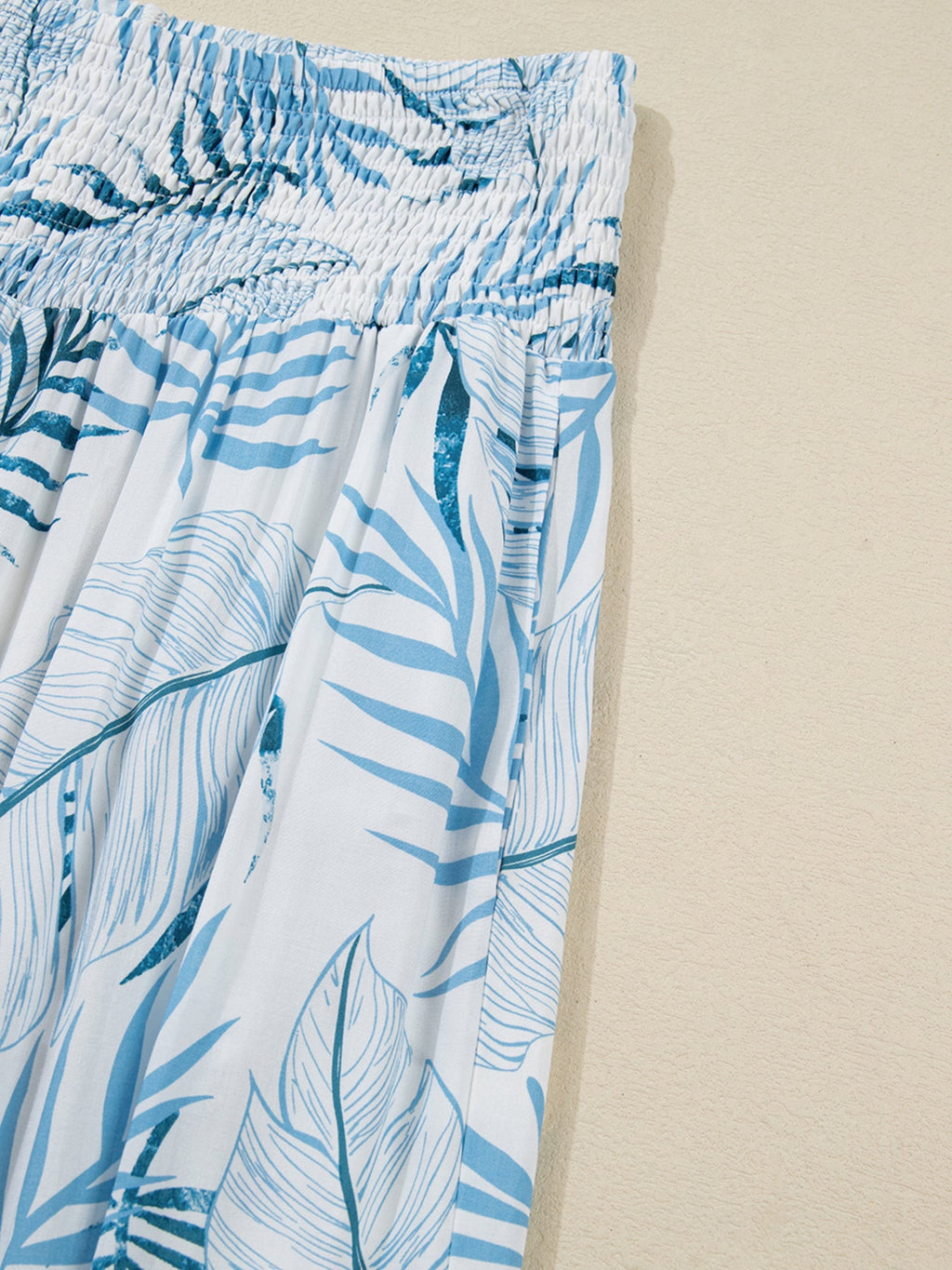 Tropical Print Shirred Waistband Wide Leg Pants