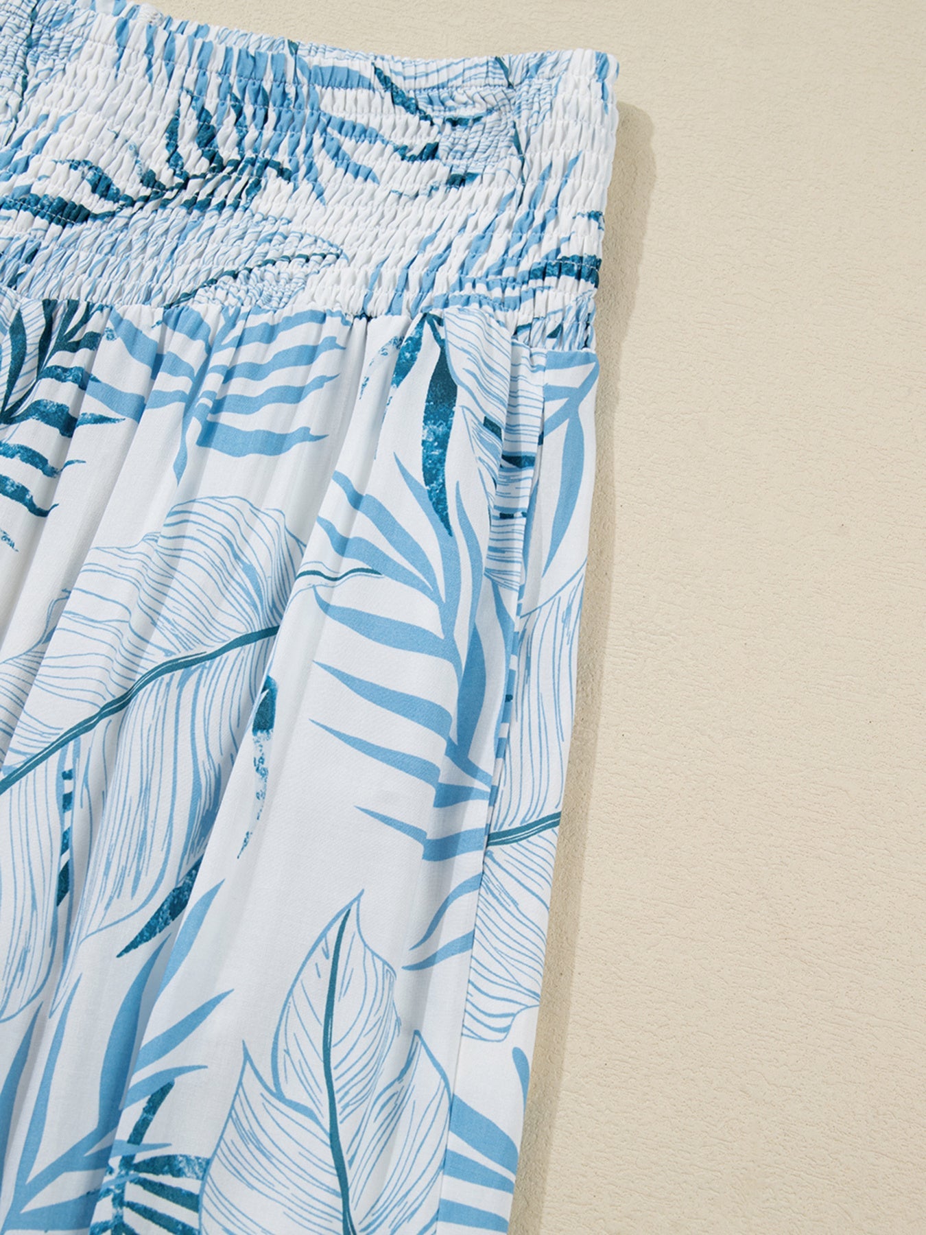 Tropical Print Shirred Waistband Wide Leg Pants