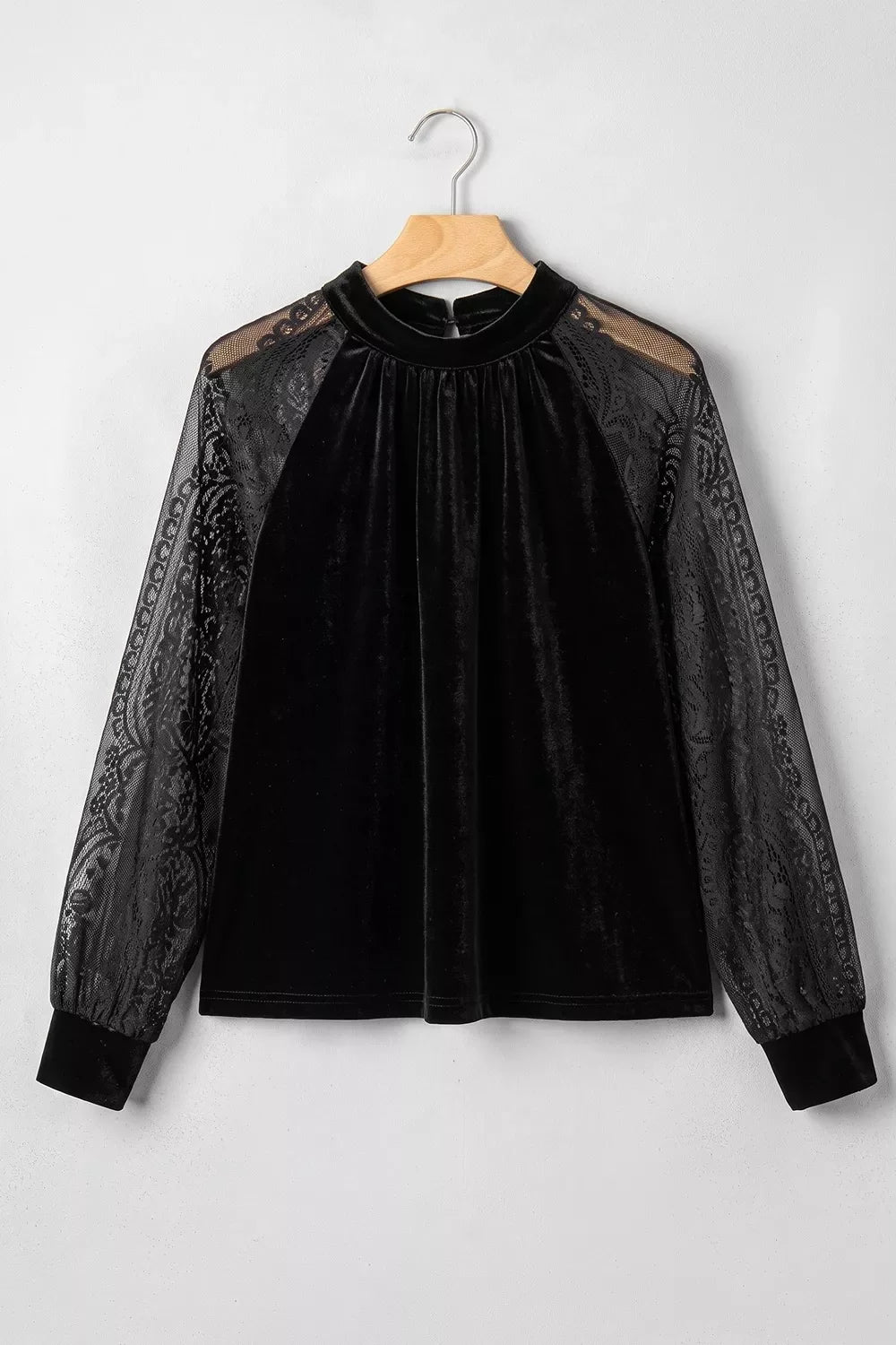 Solid Color Sheer Lace Long Sleeve Patchwork Stand Neck Velvet Blouse
