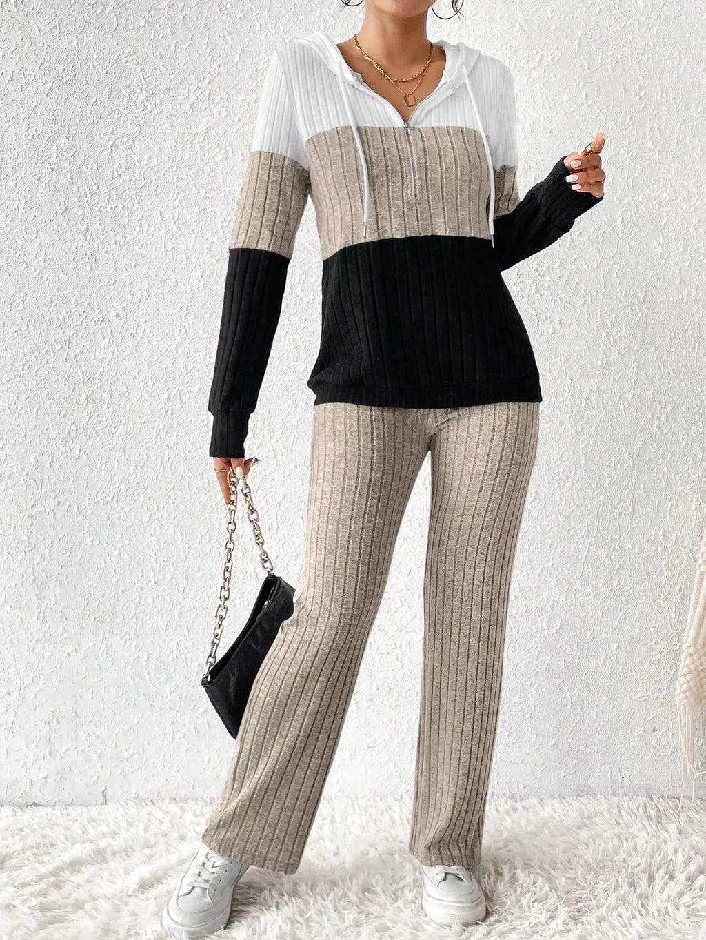Color Block Half Zip Hooded Top and Pants Set