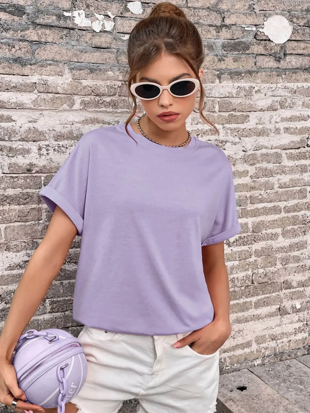 Perfee Round Neck Cuffed Sleeve T-Shirt