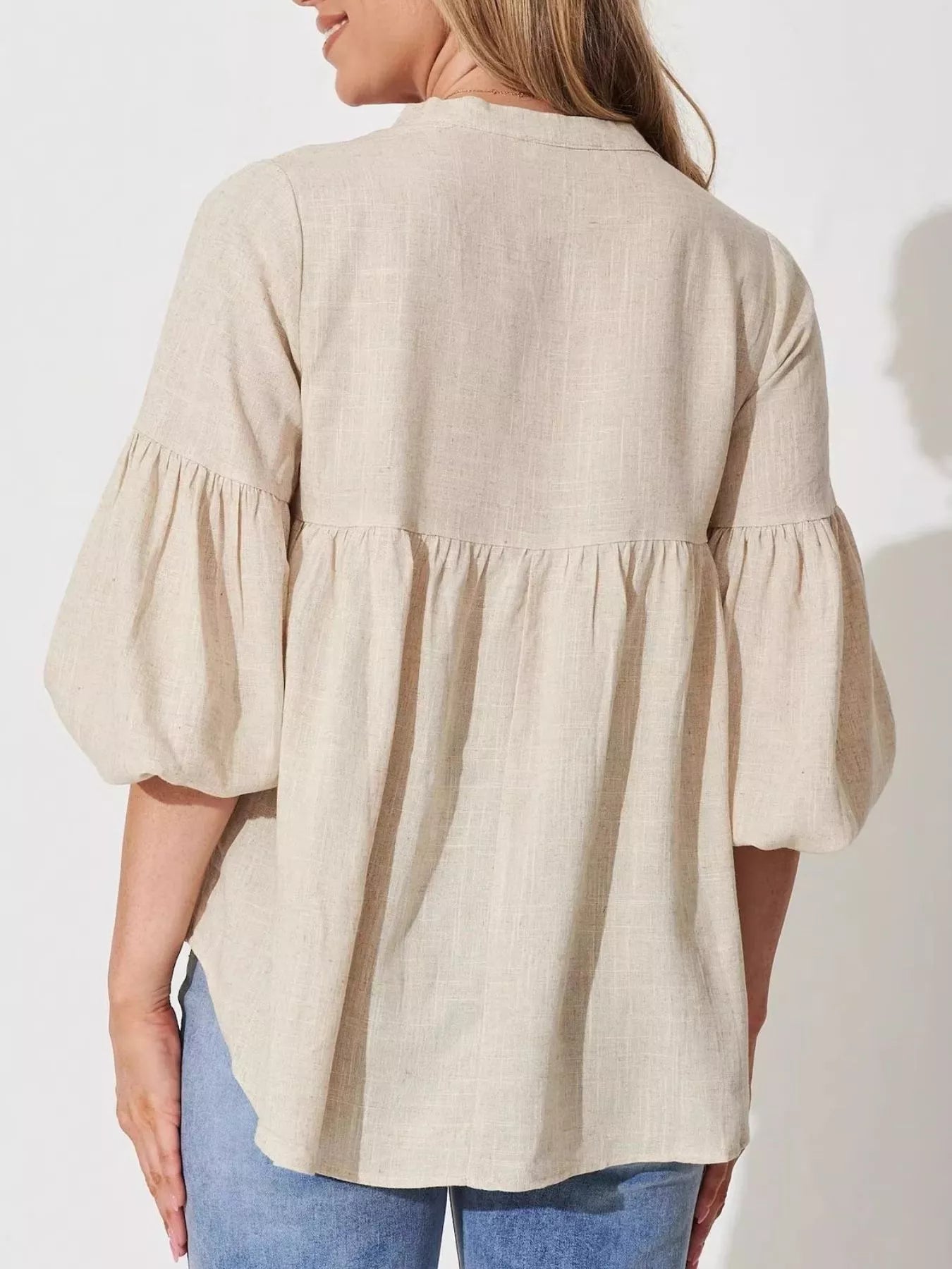 Notched Balloon Sleeve Blouse