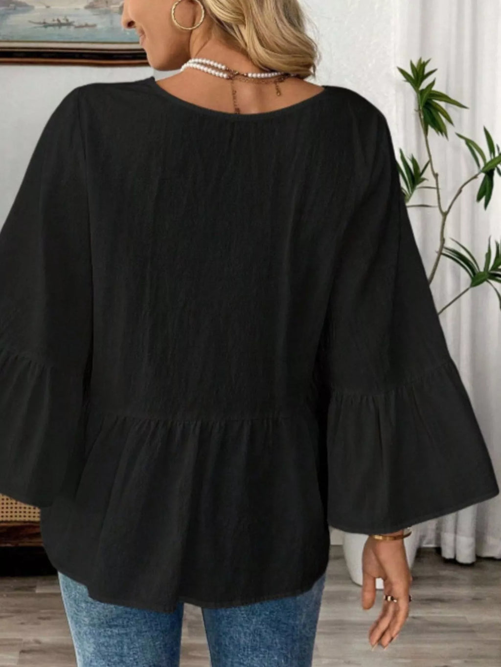 V-Neck Bell Sleeve Blouse